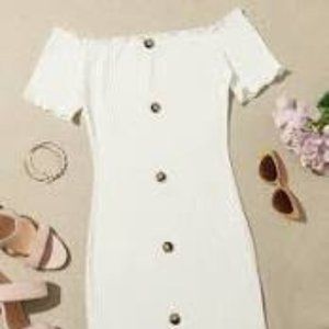 Off Shoulder Button Front Lettuce Edge Dress